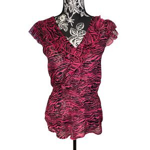 Zebra Animal Print Ruffle V Neck Peplum Blouse Y2K Sheer Stretch Party Top